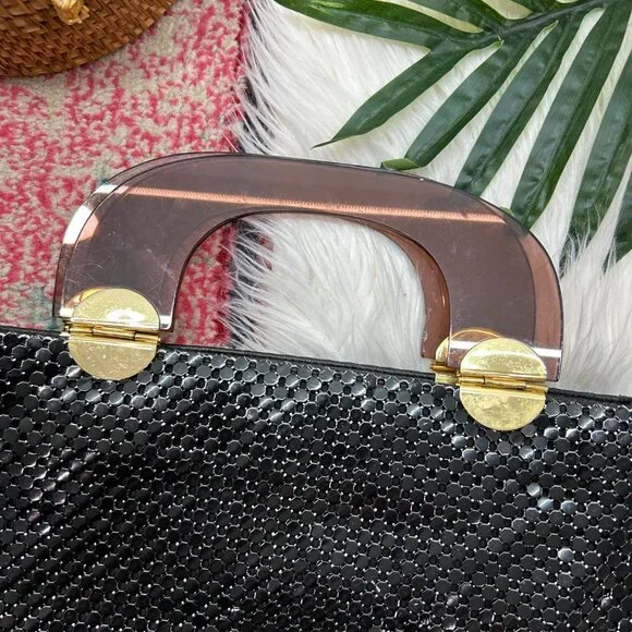 Vintage 60s Black Brown Mesh Top Handle Purse Hand Bag - Picture 2 of 6
